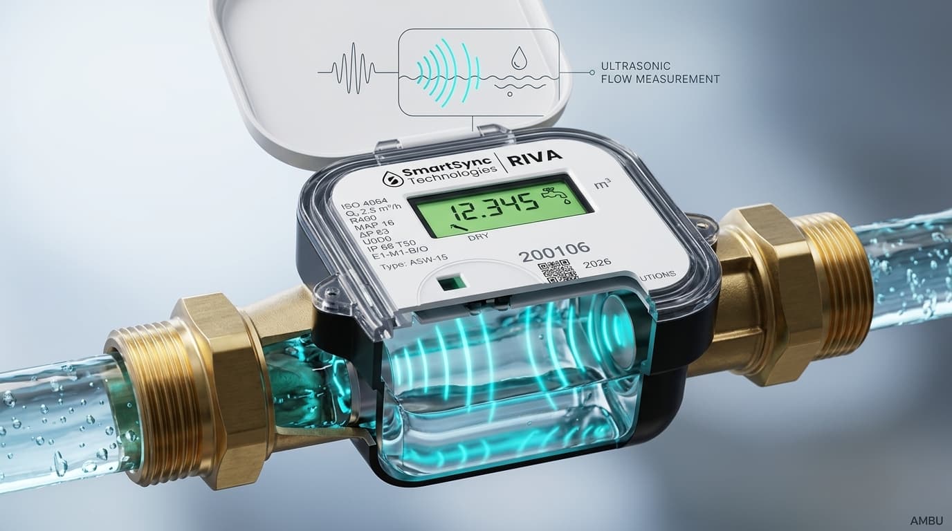 RIVA ultrasonic water meter cut away to show transit-time flow measurement through the pipe, with the SmartSync Technologies RIVA brand on the meter face
